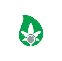 Design-Vektorvorlage für das Design von Cannabis-Suchtropfen in Tropfenform. kombination aus marihuanablatt und lupenlogo. Hanf und Lupensymbol oder Symbol. vektor