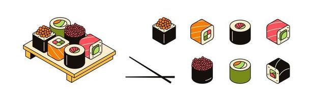 vektor illustration av traditionell asiatisk mat, tjänande sushi på styrelse. samling av 3d skaldjur ikoner, japansk kök. uppsättning av rullar med ris, fisk, lax, avokado och tång