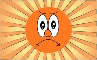 emotionell orange runda arg ledsen ansikte emoji på en bakgrund av abstrakt gul strålar. vektor illustration