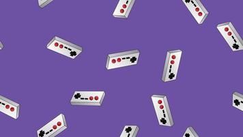 Nahtloses Muster aus Retro-alten Hipster-Spielkonsolen und Joysticks aus den 70er, 80er, 90er, 2000er Jahren auf violettem Hintergrund vektor