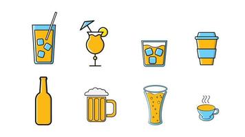 ikoner uppsättning av alkoholhaltig och alkoholfri drycker flaskor och muggar av te kaffe öl cocktails och whisky vodka med is på en vit bakgrund med en svart stroke. vektor illustration