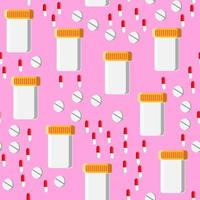 medicinsk sömlös mönster, textur av flerfärgad medicinsk farmaceutisk skön tabletter, burkar, kapslar, vitaminer, läkemedel, antibiotika isolerat på en rosa bakgrund. begrepp hälsa vård vektor
