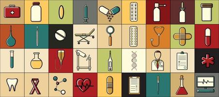 en stor skön uppsättning av medicinsk objekt och verktyg apotek eller läkares kontor, tabletter termometrar sprutor kolvar på de bakgrund av flerfärgad rutor. vektor illustration
