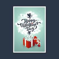 Happy Valentine s Day Greeting Card - Love Day Vector Card oder Poster mit roter Geschenkbox und Amoretten in den Wolken. Vektor-Illustration