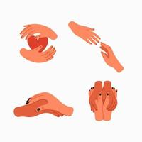 portion hand och empati ikoner. mänsklig händer gester. psykologisk vård, empati, och medkänsla. vektor illustration i platt tecknad serie stil.