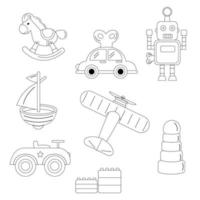 eine sammlung von kinderspielzeug umrissen. Auto, Roboter, Boot, Flugzeug vektor