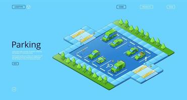 isometrisk parkering med bilar, träd och väg tecken vektor