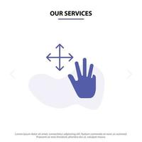 Unsere Dienste Drei-Finger-Gesten enthalten eine solide Glyphen-Symbol-Webkartenvorlage vektor