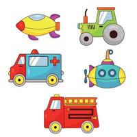 en uppsättning av barns leksaker transport. bilar, traktor, u-båt, brand lastbil vektor