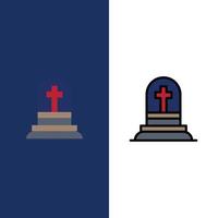 död grav gravsten vila i frid ikoner platt och linje fylld ikon uppsättning vektor blå bakgrund