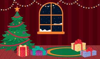 jul träd med gåvor i en rum med en mörk fönster. vektor illustration