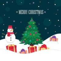 jul träd med gåvor och en snögubbe i de snö. vektor illustration