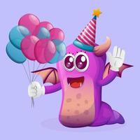 niedliches lila monster, das einen geburtstagshut trägt und luftballons hält vektor