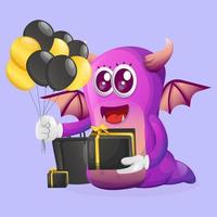 Das süße lila Monster, das eine Geschenkbox hält, feiert den schwarzen Freitag vektor