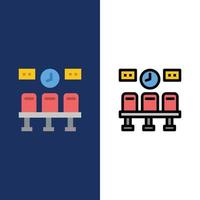 säten tåg transport klocka ikoner platt och linje fylld ikon uppsättning vektor blå bakgrund
