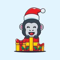 süßer gorilla mit weihnachtsgeschenk. nette weihnachtskarikaturillustration. vektor