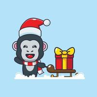 süßer gorilla mit weihnachtsgeschenkbox. nette weihnachtskarikaturillustration. vektor