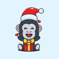 söt gorilla Lycklig med jul gåva. söt jul tecknad serie illustration. vektor
