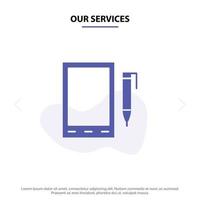 unsere dienstleistungen mobile zelle bleistift design solide glyph symbol webkartenvorlage vektor