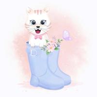 Katze und Blumen im Stiefel im Aquarellstil vektor