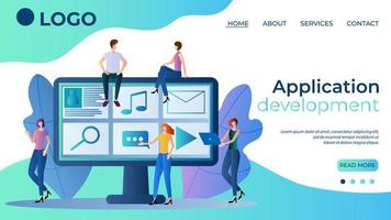 Ansökan utveckling.människor engagerad i de utveckling och testning av mobil applications.interface design.the mall av de landning sida.platt vektor illustration.