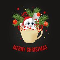 vykort med kanin eller hare, jul träd och bollar i kopp. vektor