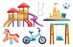 satz von kinderspielgeräten mit rutsche, schaukel, sandkasten, fahrrad und spielzeugkarikaturillustration vektor