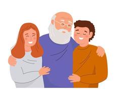 morfar och henne barnbarn är Lycklig. ett äldre man kramar barn. de begrepp av familj, generationer, kommunikation. vektor grafik.