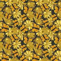 sömlös blommig mönster med monark fjärilar i gul blommor vektor