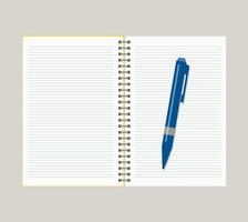 öppen anteckningsbok med blå penna. vektor illustration