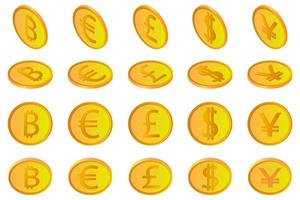 de bitcoin dollar euro pund och yen.a uppsättning av mynt av amerikan europeisk kryptovalutor av brittiskt och japansk mynt i annorlunda vinklar isolerat på en vit bakgrund. använda sig av som design element. vektor