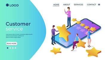 isometrisk bild av de kund service process.bedömning av de företag aktivitet rating.formel respons från kunder.utvärdering av de appens prestanda förbi människor, smartphone och stjärnor betyg. vektor