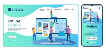 web store.online trading.people kaufen in einem online store.the concept of digital commerce.landing page template is a adaption for a smartphone.flat vector illustration.