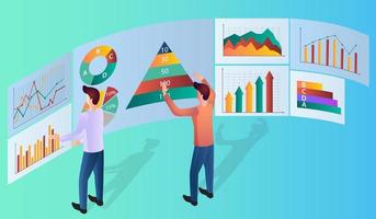 geschäftsleute, die daten studieren und analysieren. das konzept der zusammenarbeit und des analytischen denkens. flache vektorillustration. vektor