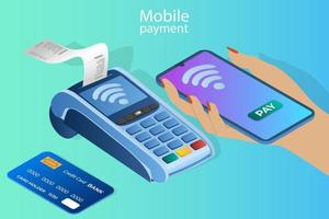 mobil betalning.a kvinna betalar för inköp via nfc använder sig av en smartphone betalning terminal.the begrepp av modern teknik när betalande för inköp.3d vektor illustration.