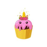 Einhorn-Cupcake mit rosa Zuckerguss. kawaii muffin im pappbecher. leckeres dessert mit horn und ohren. vektorillustration im niedlichen karikaturstil vektor