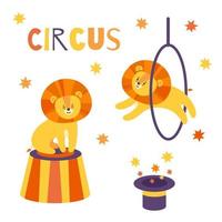 cirkus uppsättning med förtjusande lejon. vektor illustration i tecknad serie stil