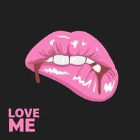 liebe mich, beiße rosa lippen, stilvolle karte mit bemalten lippen, helles make-up vektor