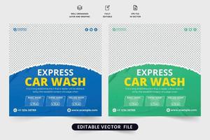 bil tvättning mall social media posta vektor med grön och blå färger. bil underhåll service PR webb baner design. bil rengöring företag annons affisch vektor.