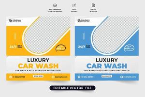 luxus-autowasch- und wartungsservice social-media-marketing-vorlagenvektor. Web-Banner-Vorlage für die Fahrzeugreinigung mit gelben und blauen Farben. minimale Vorlage für den Autoreinigungsservice. vektor