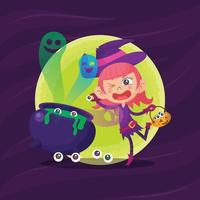 halloween hexenmädchen hand gezeichnete flache karikaturhintergrundillustration vektor