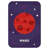 mars. vektor Plats blixt kort. engelsk språk spel med söt astronaut, raket, planet, komet, utomjording för ungar. astronomi flashcards med rolig tecken. enkel pedagogisk tryckbar arbetsblad.