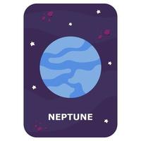 Neptun. Vektorraum-Flash-Karte. englisches Sprachspiel mit süßem Astronauten, Rakete, Planeten, Kometen, Außerirdischen für Kinder. Astronomie-Karteikarten mit lustigen Charakteren. einfaches pädagogisches druckbares arbeitsblatt. vektor