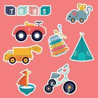 en uppsättning av klistermärken för barns leksaker. bil, båt, mus, cykel, musikalisk instrument vektor
