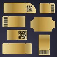 eine Reihe von Blanko-Tickets. goldenes ticketlayout für konzert, sitzplätze, verlosung, film und gutschein mit barcode und qr-code. vektor