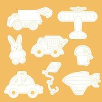 en uppsättning av klistermärken för barns leksaker översikt. bil, hare, flygplan, vektor