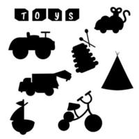 samling av barns leksaker silhuett. bil, båt, mus, tält, cykel vektor