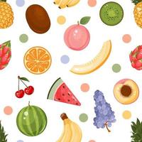 sömlös mönster från färsk Färg frukter. ananas, vattenmelon, melon, druva, kiwi, bananer. vektor illustration. tecknad serie stil.