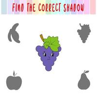Finde den richtigen Schatten. süße Cartoon-Traube. Lernspiel mit Früchten. Logikspiele für Kinder mit einer Antwort. eine Trainingskarte mit einer Aufgabe für Vorschul- und Kindergartenkinder vektor