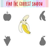 Finde den richtigen Schatten. süße Cartoon-Banane. Lernspiel mit Früchten. Logikspiele für Kinder mit einer Antwort. eine Trainingskarte mit einer Aufgabe für Vorschul- und Kindergartenkinder vektor